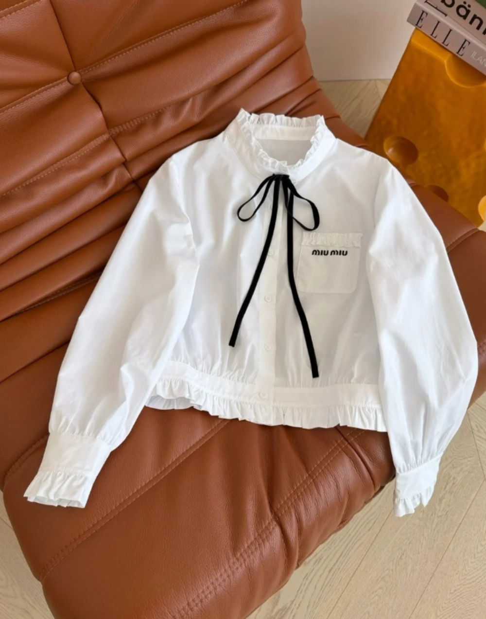 Miu Miu White Cotton Ruffle Jacket with Black Ribbon Tie